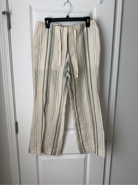 Striped Wide-Leg 100% Linen Drawstring Pants in Cream and Sage